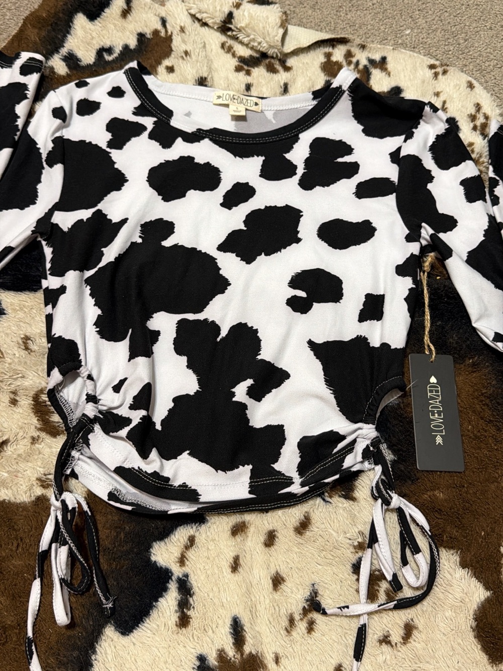 Love Daze Cow-Print Drawstring Crop Top - Black & White